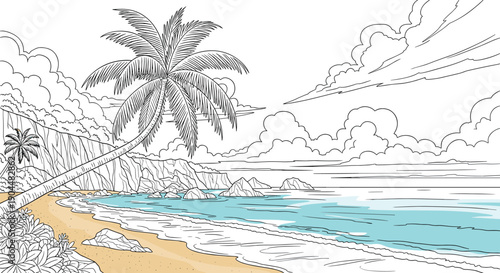 Tranquil beach with palm trees and ocean waves in linear style
