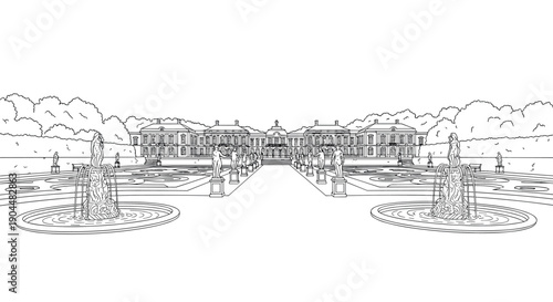 Linear drawing of grand palace with symmetrical gardens and fountains