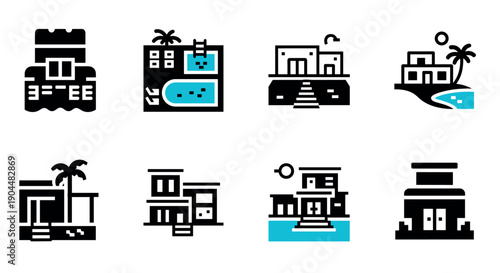 Modern minimalist house icons set with pools and palm trees