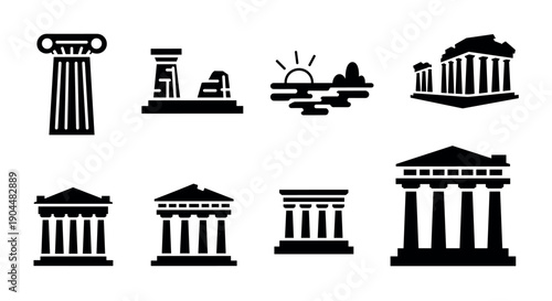 Greek architecture icons collection: classic column and temple silhouettes in black