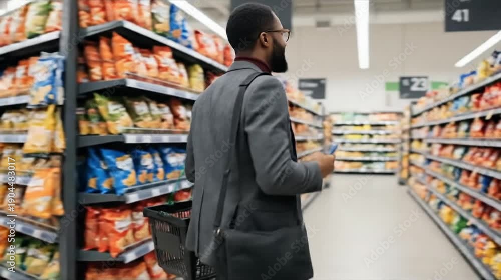 custom made wallpaper toronto digitalStylish Man in Suit Jacket Browsing Snack Aisle in Modern Supermarket, Selecting Groceries for Daily Routine