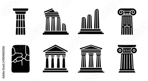 Silhouette icons of classical greek architectural columns and structures