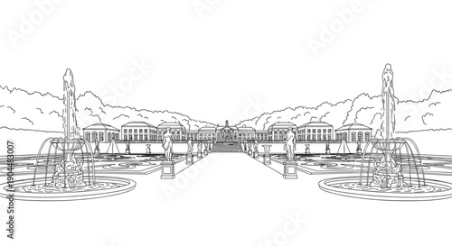 Elegant palace garden with fountains and statues in linear style