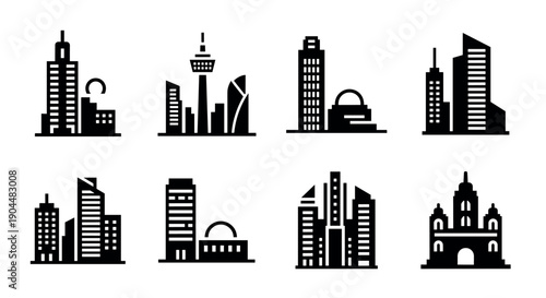 Modern cityscape silhouettes: iconic urban buildings collection