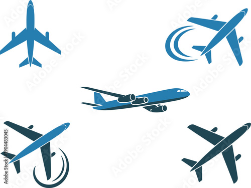 Airplane icon set with commercial aircraft silhouettes, aviation transport symbols, flight travel illustration, modern jet plane designAirplane icon set with 