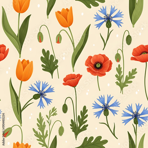 Seamless wildflower pattern with vibrant poppies, sunflowers, and roses for elegant spring floral background design