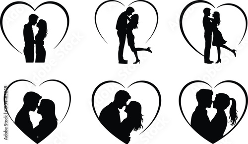 Romantic couple silhouettes, heart shapes, love illustration, black and white artwork, affectionate poses, kissing embrace, Valentine’s theme, relationship design, passion