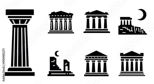 Ancient greek architecture icons set featuring classical temples and columns in bold silhouette style