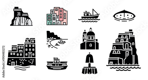 Elegant coastal icons set featuring mediterranean architecture and nautical elements