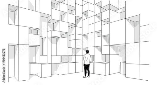 Abstract geometric architecture: exploring endless cube patterns in linear black and white design