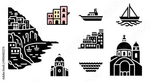 Minimalist mediterranean icons: coastal village, buildings, boats, and waves