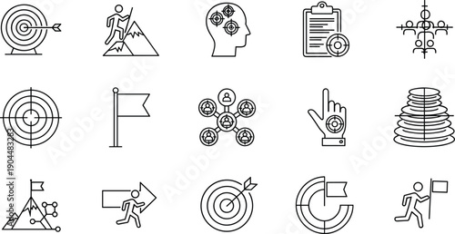 Business goal and success line icon set, target, achievement, strategy, leadership, teamwork, motivation, planning, performance analytics, career 