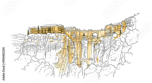 Historic bridge and scenic cliffside town in detailed line art
