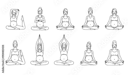 Prenatal yoga pregnant woman outline vector illustration set