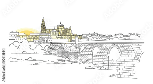 Sunrise over historic bridge and cathedral in cordoba: a detailed linear art scene