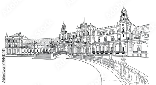 Historic architectural landmark with grand plaza in linear style