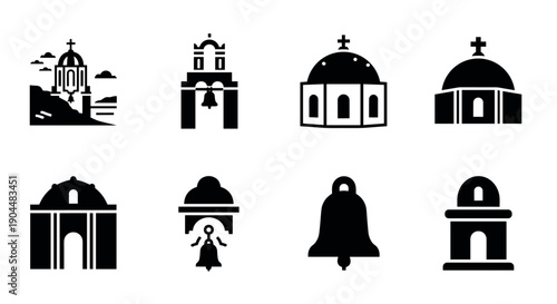 Silhouette icons of historic missions and bells in minimalist design style