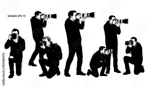 Photographer silhouettes in different poses with camera vector set