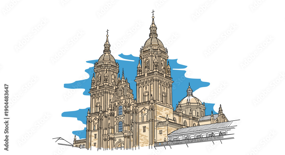 Obraz premium Detailed line art of historic cathedral against blue sky