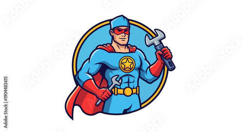 Cartoon superhero handyman mascot with a wrench and hammer. Powerful service character illustration for a repair or construction business logo