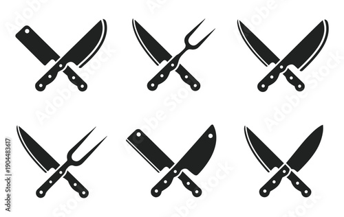 Kitchen knife icon set with crossed chef tools, butcher cutlery silhouettes, cooking equipment illustration, sharp blade symbols