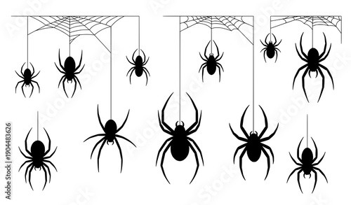 Black spiders hanging from web silhouette vector set