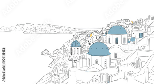 Hand drawn coastal village with iconic blue domes and scenic sea view