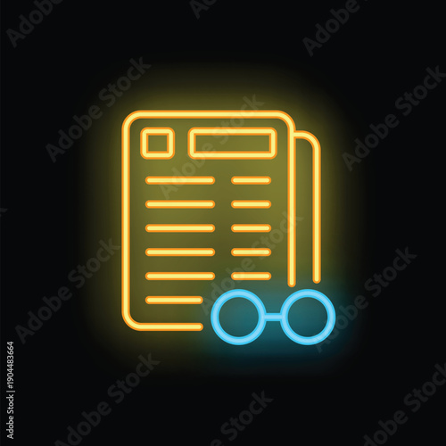 Neon sign representing journalism, featuring a newspaper and reading glasses glowing on a dark background