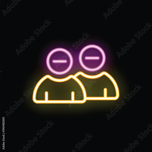 Two figures with neutral expressions are standing side by side, illuminated by vibrant neon light