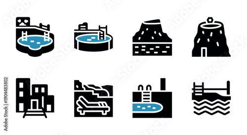 Collection of minimalist spa and pool icons in black and white style