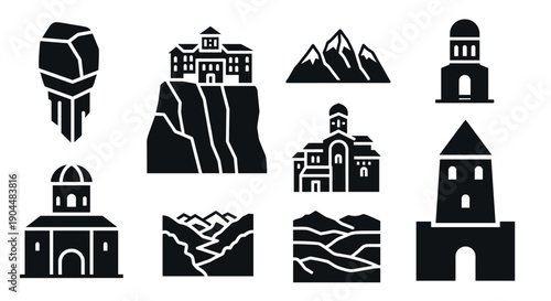 Minimalist architecture and landscape icons set with mountains and buildings