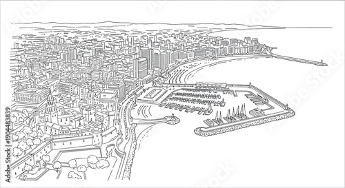 Aerial cityscape with harbor and skyline