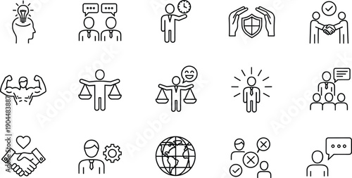 Business management and leadership icon set featuring creative thinking, teamwork, time 