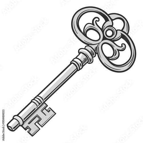 Ornate Vintage Skeleton Key with Decorative Bow Vector Illustration
