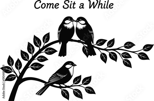 Birds on tree branch, peaceful nature, silhouette artwork, black and white, companionship design, leafy illustration, inspirational text, serene outdoor scene