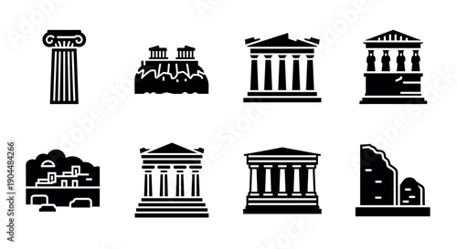 Icon set of famous greek architecture structures in silhouette style