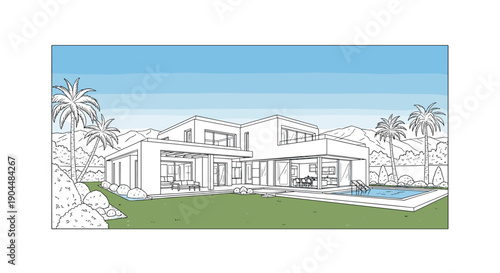 Modern minimalist house design with pool and palm trees in linear style