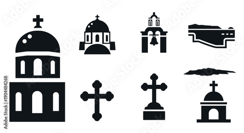 Black silhouette icons of churches and crosses on white background