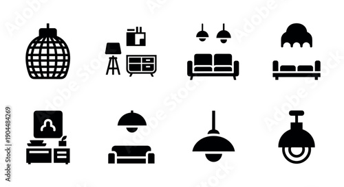 Modern home interior icons: furniture and lighting silhouettes for design