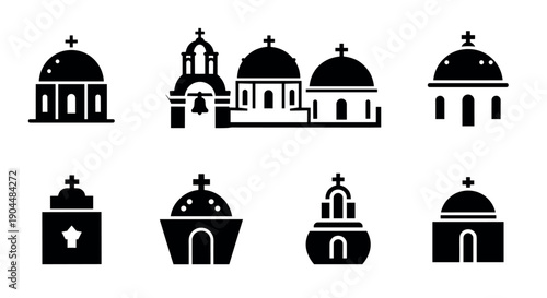 Stylized church icon set with minimalist black silhouette design