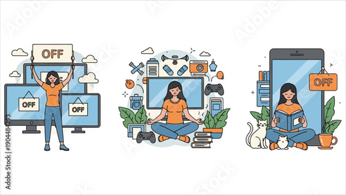 Women Resting from Gadgets and Social Media, Flat Style Vector Illustration