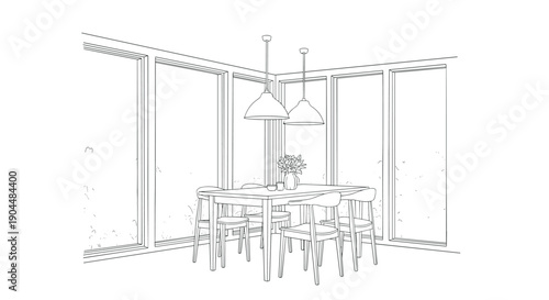 Minimalist dining area with large windows and pendant lights in linear style