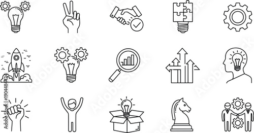 Business success and startup innovation line icon set featuring rocket launch, creative lightbulb ideas, handshake partnership, strategic chess knight, and financial growth charts.