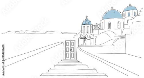 Minimalist linear outline of santorini architecture with blue domes and white buildings