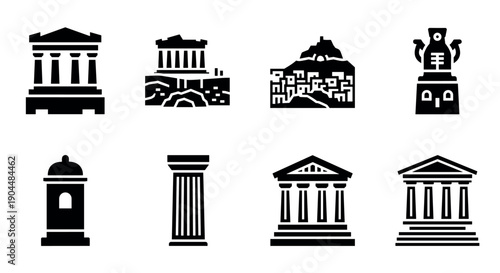 Iconic ancient greek architecture silhouettes featuring temples, columns, and cultural landmarks