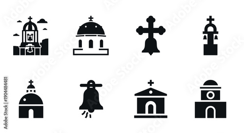 Church icons set: minimalist black silhouettes of cathedrals and bells