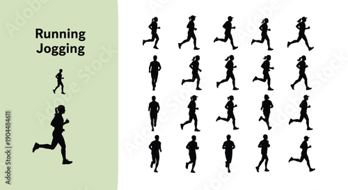 Diverse collection of black silhouette icons illustrating various running and jogging motions for fitness or athletic graphic design projects