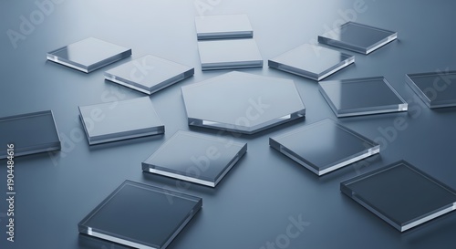 High-end 3D rendering of a minimalist abstract scene with flat square glass panels arranged radially to create a modern star formation. Each square is evenly spaced with subtle rotation, enhancing dep