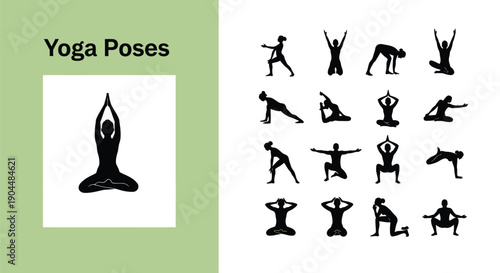 Collection of black silhouette icons depicting various mindful yoga poses demonstrating flexibility strength and balance for wellness routines and physical practice sessions