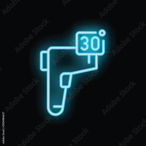Blue neon sign of a contactless thermometer showing 30 degrees on a black background